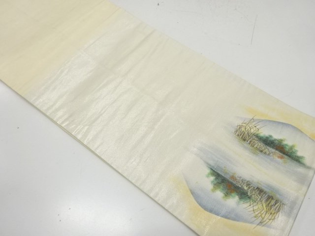  アンティーク　作家物　手描き　湖畔風景模様袋帯（材料）